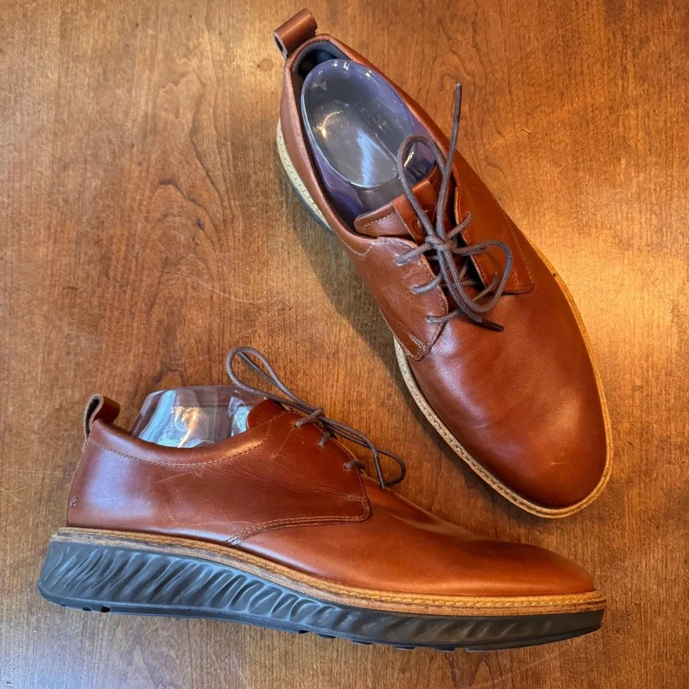ECCO Derby Mens 8-8.5 Cognac ST.1 Hybrid Lite Plain Toe Leather Brown 836404